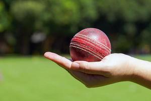 Cricket ball in Asian woman hand on green background of lawn and trees. Soft and selective focus. photo