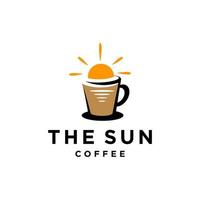 logotipo de café con salida del sol y agua de mar en una plantilla de icono de vector de estilo de contorno de línea moderna