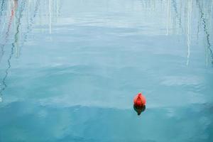 Orange buoy floating on the waves of the sea surface in the bay. Reflection of yacht masts in the water. The concept of the safety of human life. photo