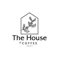 logotipo de la casa del café. vector de logotipo mínimo hipster de rama de planta de grano de café con icono de contorno de línea simple de hoja para el concepto de café natural.