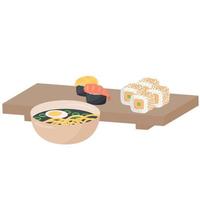set of sushi and bowl with soup vector