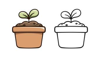Seedling sprout in a flower pot cute cartoon illustration. Plant growth process cycle. Gardening farming agriculture coloring book page activity worksheet for kids vector