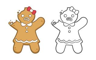 Sad gingerbread girl cookie with bite outline and colored doodle cartoon illustration set. Winter Christmas food theme coloring book page activity for kids. vector