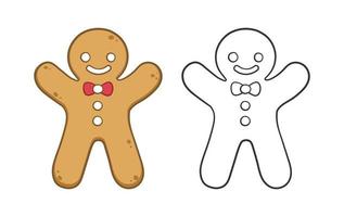 Gingerbread man cookie outline and colored doodle cartoon illustration set. Winter Christmas food theme coloring book page activity for kids. vector