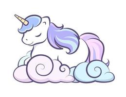 Cute unicorn sleeping on clouds vector illustration. Mythical creature cartoon design print for kids.