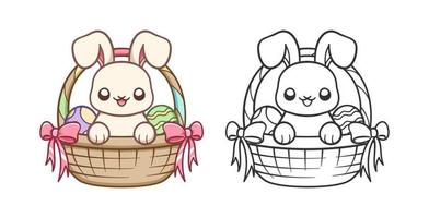 conejito de pascua dentro de una canasta tejida con colorida ilustración de dibujos animados de huevos de pascua. hoja de trabajo fácil para colorear para niños vector