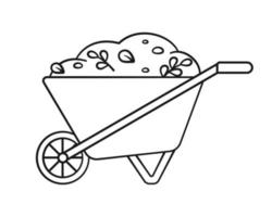 Wheelbarrow with dirt soil cute cartoon outline line art illustration. Gardening farming agriculture coloring book page activity worksheet for kids vector