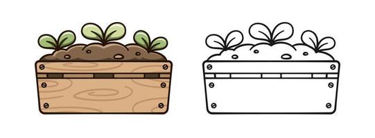 Sprout plant growing from a wooden crate cute cartoon outline line art illustration. Gardening farming agriculture coloring book page activity worksheet for kids vector