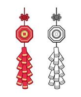 Chinese new year firecrackers outline and colored set vector illustration. Celebration traditional fireworks hanging crackers. Coloring book page activity worksheet for kids.