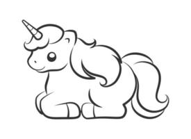 Cute happy unicorn sitting lying down resting vector outline illustration. Easy coloring book page for kids.