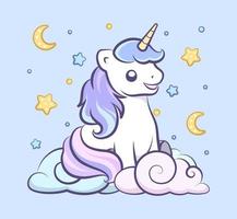 Cute happy unicorn sitting in the clouds looking up at the night sky illustration wall art card print for kids.