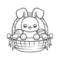 Easter bunny inside woven basket with colorful Easter eggs cartoon outline illustration. Easy coloring book page for kids