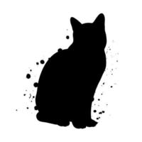 Sitting Black Cat Silhouette with Ink Splatter Abstract Illustration. vector