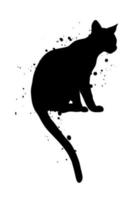 Sitting Black Cat Silhouette with Ink Splatter Abstract Illustration. vector