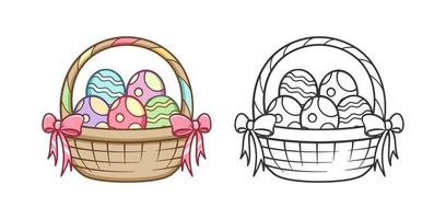 Easter basket full of eggs cartoon outline set clipart vector