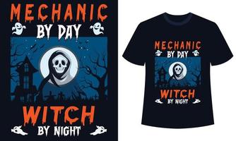 increíble mecánico de diseño de camisetas de halloween de día y de noche vector