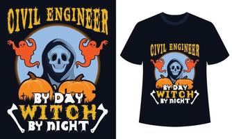 increíble diseño de camiseta de halloween ingeniero civil de día con de noche vector