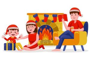 Family Celebrate Christmas with Fireplace Vector Illustration