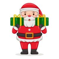 Cute Santa Claus deliver christmas gift in cartoon style illustration vector