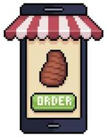 Pixel art mobile phone ordering meat in food app vector icon for 8bit game on white background