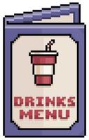 menú de bebidas de pixel art, icono de vector de menú de papel para juego de 8 bits sobre fondo blanco