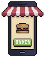 teléfono celular de pixel art ordenando hamburguesa en icono de vector de aplicación de alimentos para juego de 8 bits sobre fondo blanco