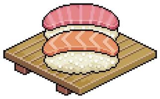 Pixel art sake nigiri and toro nigiri on wooden board for sushi vector icon for 8bit game on white background