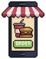 Pixel art mobile phone ordering hamburger and soda in food app vector icon for 8bit game on white background