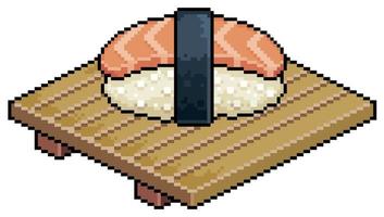 Pixel art sake nigiri on wooden board for sushi vector icon for 8bit game on white background