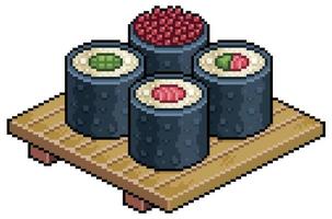 Pixel art sushi roll on wooden board japanese food vector icon for 8bit game on white background