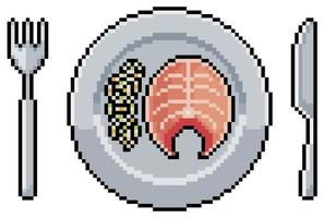 Pixel art plate with grilled salmon and rice, cutlery vector icon for 8bit game on white background