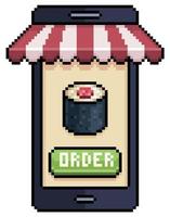 pixel art teléfono móvil pidiendo sushi en el icono de vector de aplicación de alimentos para juego de 8 bits sobre fondo blanco