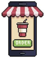 Pixel art mobile phone ordering soda in food app vector icon for 8bit game on white background