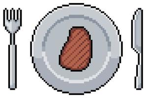 Pixel art plate with beef steak and cutlery vector icon for 8bit game on white background