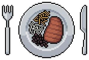 placa de arte de píxeles con bistec, arroz, frijoles y papas fritas icono vectorial para juego de 8 bits sobre fondo blanco vector