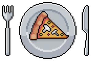 Pixel art plate with mushroom pizza vector icon for 8bit game on white background