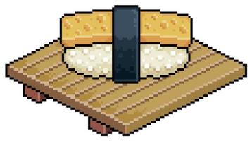 pixel art tamago nigiri en tablero de madera para icono de vector de sushi para juego de 8 bits sobre fondo blanco