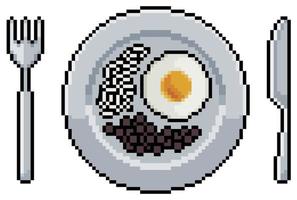 Pixel art plate with fried egg, rice and beans, cutlery vector icon for 8bit game on white background