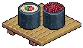 pixel art tekka maki, ikura maki en tablero de madera para icono de vector de sushi para juego de 8 bits sobre fondo blanco