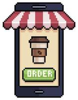 teléfono celular de pixel art pidiendo café en el icono de vector de aplicación de alimentos para juego de 8 bits sobre fondo blanco