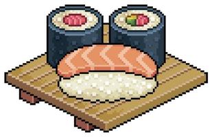 Pixel art sake nigiri, tekka maki, futomaki on wooden board for sushi japanese food vector icon for 8bit game on white background