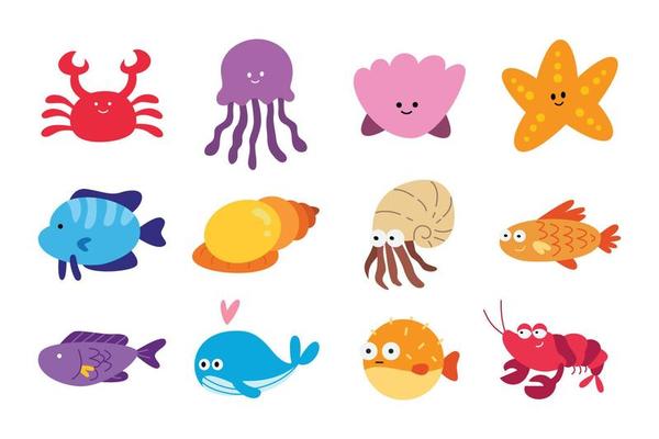 Set of ocean fish in fun and cute character design. Animal illustration for kids