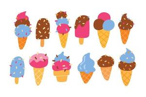 Set of sweet ice cream in various taste and toppings vector