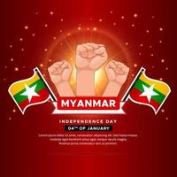 diseño brillante del día de la independencia de myanmar con bandera ondulada y puño de gesto. vector