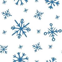 Winter simple seamless pattern, endless background. Blue doodle snowflakes on white. New Year and Christmas hand drawn vector pattern design.