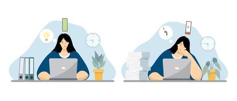 Happy and sad and tired woman with laptop at the office. Professional and mental burnout concept cartoon flat vector illustration set.