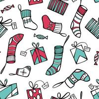 Christmas stockings and presents seamless pattern. Red and mint colors doodle endless background, wrapping paper design. vector