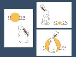 Outline rabbit and moon New Year 2023 card or calendar cover designs set with hand drawn style numbers. vector