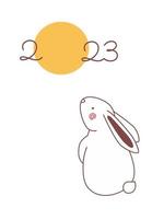 conejo blanco mirando a la luna. diseño de tarjeta de felicitación de año nuevo 2023 de estilo dibujado a mano. vector