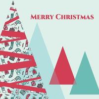 Merry Christmas abstract card design with triangle geometric Christmas trees and holiday red and green. vector